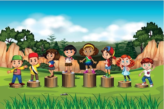 International children on the wooden stand illustration