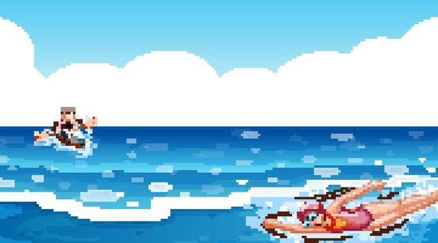 Scene with people doing water sport in the ocean illustration