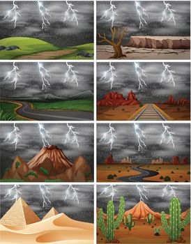 Set of different storm scenes illustration