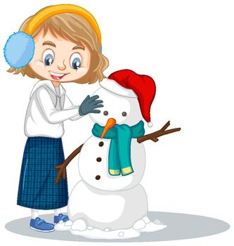 Girl making snowman on isolated background illustration