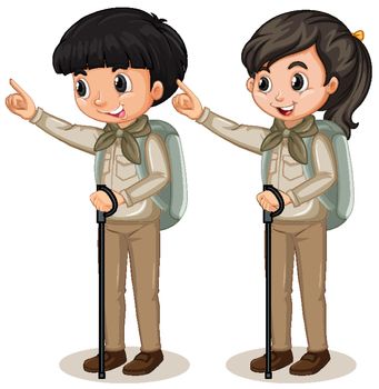 Boy and girl in scout uniform on white background illustration
