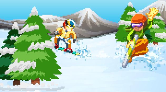 Background scene with athletes snowboarding in the mountain illustration