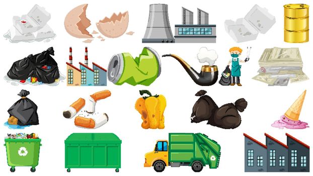 Pollution, litter, rubbish and trash objects isolated illustration