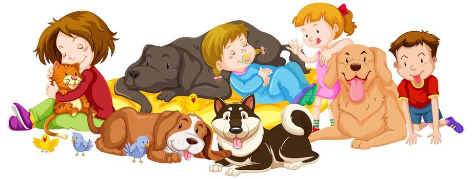 Many kids and pets on white background illustration