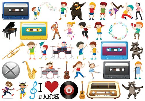 Set of music objects and character illustration