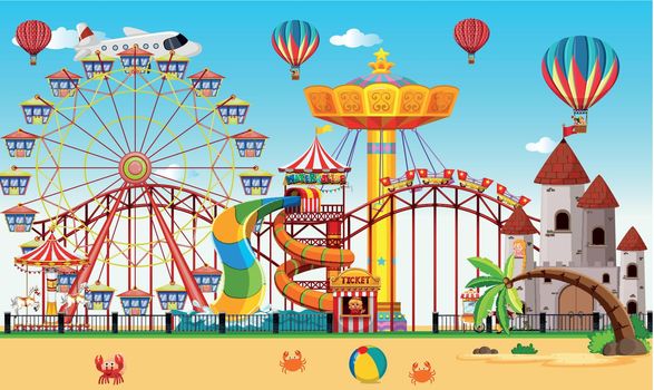 An amusement park next to the beach illustration