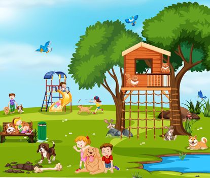 Children playing with pets in the park illustration