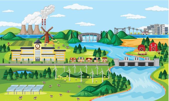 Manufactory and wind turbine and long river scene illustration