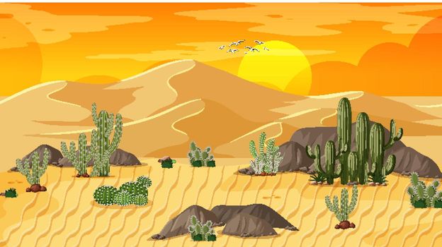Desert forest landscape at sunset scene with oasis illustration