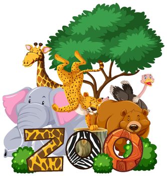 Group of animals under the tree with zoo sign illustration
