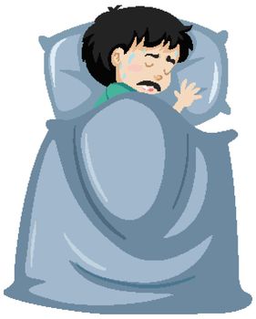 Sick man resting in bed illustration
