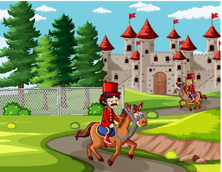 Fairytale scene with castle and soldier royal guard scene illustration