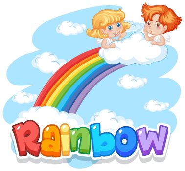 Font design for word rainbow with rainbow in the sky background illustration