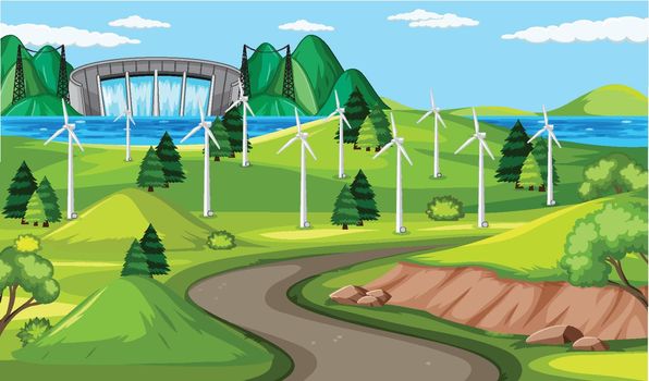 Wind turbine and long road scene and dam background illustration