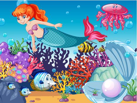Set of sea animals and mermaid cartoon character on sea background illustration