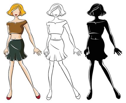 Set of female fashion model and sketch illustration