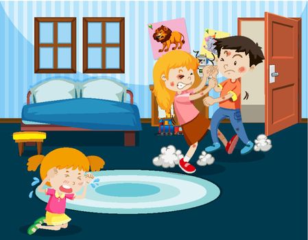 Domestic violence scene with people fighting at home illustration