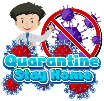 Font design for word quarantine with happy doctor illustration