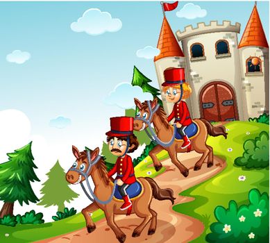 Fairytale scene with castle and soldier royal guard scene illustration