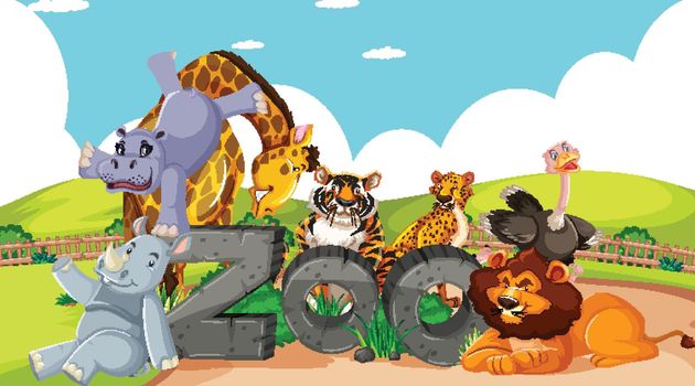 Wild animals with zoo sign illustration