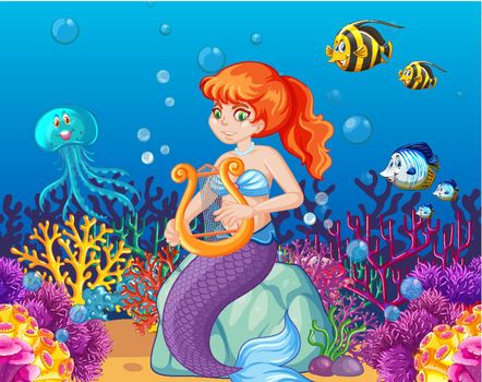 Set of sea animals and mermaid cartoon character on sea background illustration
