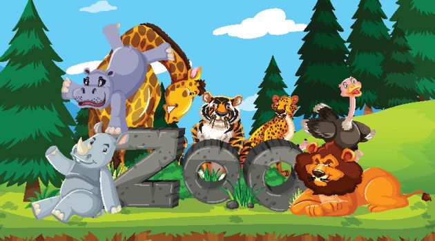 Wild animals with zoo sign illustration