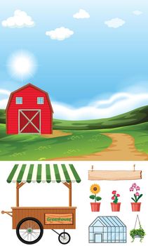 Farm scene with barn and other farming items illustration