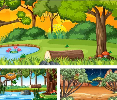 Set of different forest horizontal scenes illustration