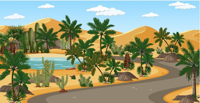 Desert oasis with palms and road nature landscape scene illustration