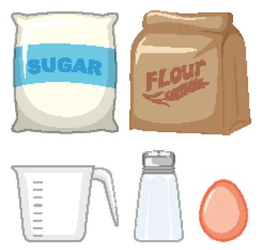 Set of bakery ingredients with sugar and flour illustration