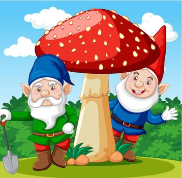 Gnomes standing with mushroom cartoon character on garden background illustration