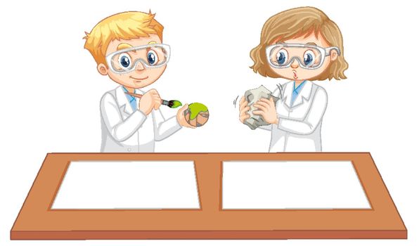 Boy and girl wearing scientist gown with empty paper on the table illustration