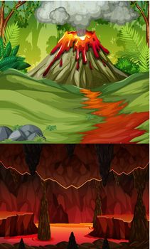 Volcano eruption in forest scene and infernal cave with lava scene illustration