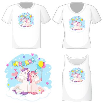 Cute unicorn logo on different white shirts isolated on white background illustration
