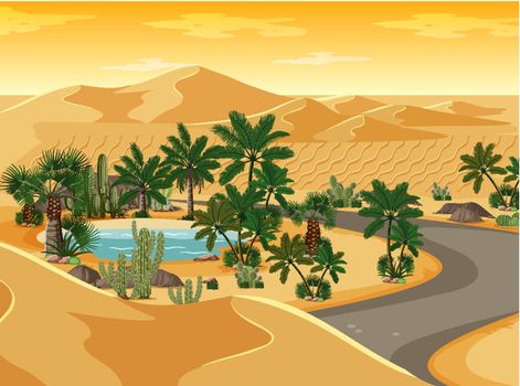 Desert oasis with long road landscape scene illustration