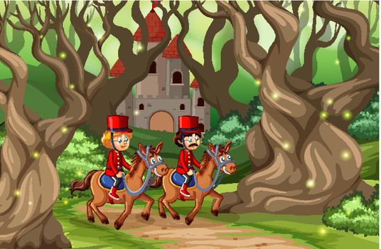 Fairytale scene with castle and soldier royal guard in the forest scene illustration