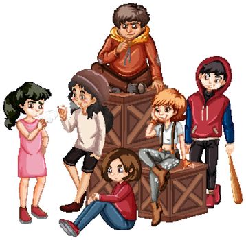 Teenage boys and girls smoking on white background illustration