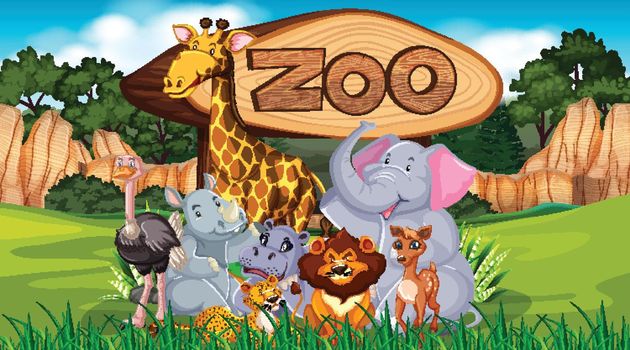 Zoo animals in the wild nature background illustration