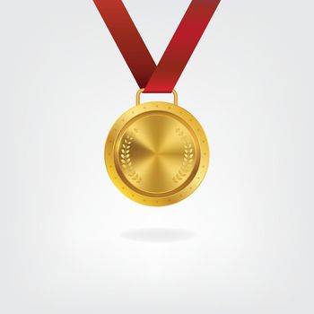 Realistic 3d Champion Gold medal with red ribbon vector illustration