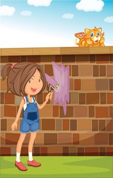 Illustration of a girl painting a fence