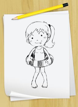 Realistic illustration of a sketch of a girl on a piece of paper