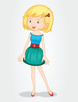 Illustration of a young girl wearing a green skirt and blue blouse