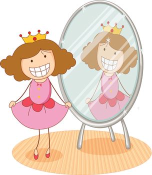 illustration of girl in front of a mirror on a white background