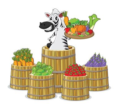 illustration of a zebra and vegetables on white background
