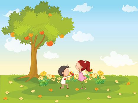 illustration of kids playing around tree in a nature
