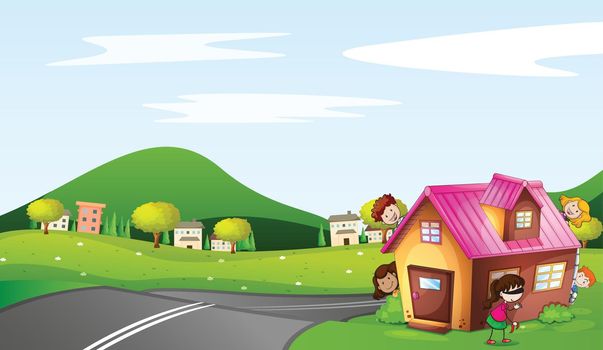 illustration of kids and a house in a beautiful nature