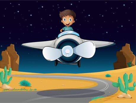 illustration of a boy and an aeroplane in a beautiful nature