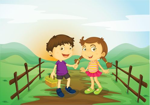 illustration of a kids and landcape in a beautiful nature