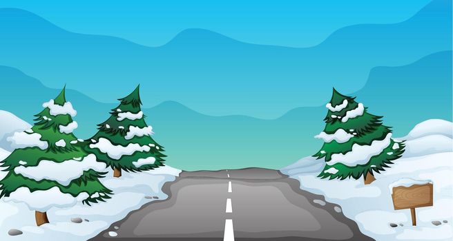 illustration of a snowy landscape and a road