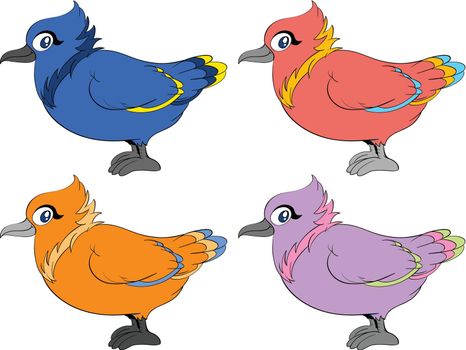 Four birds in different colours